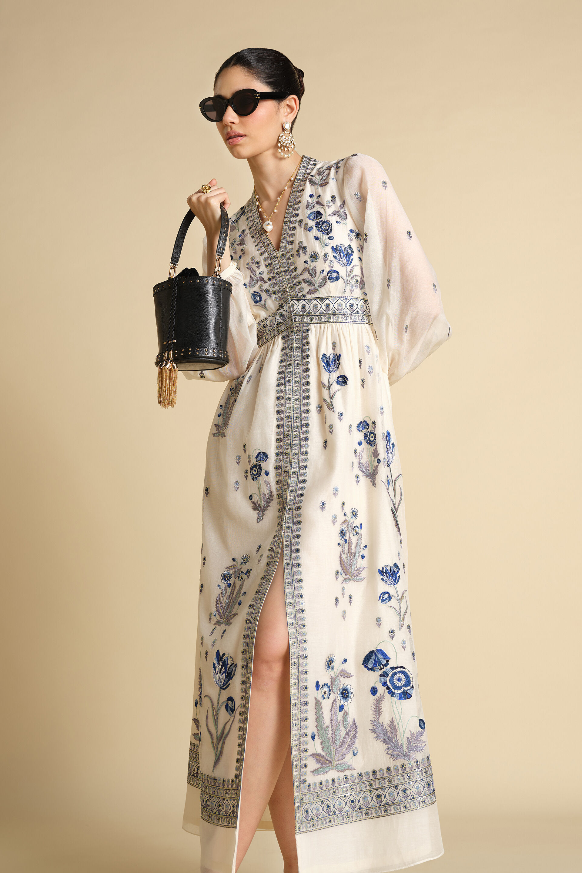 Aditha Embroidered Mul Kaftan - White, White, image 4